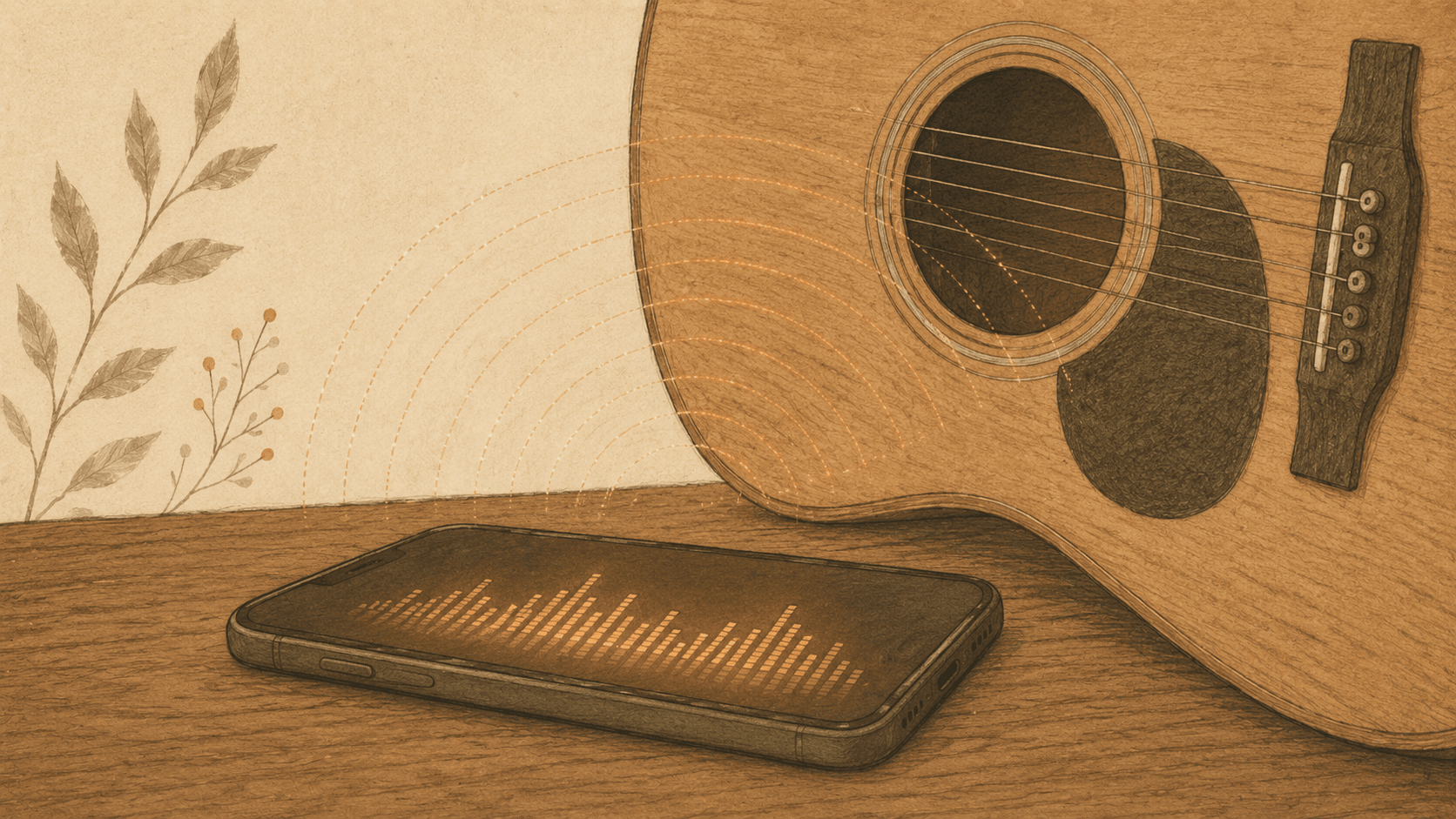 Smartphone in front of an acoustic guitar with sound waves, editorial illustration