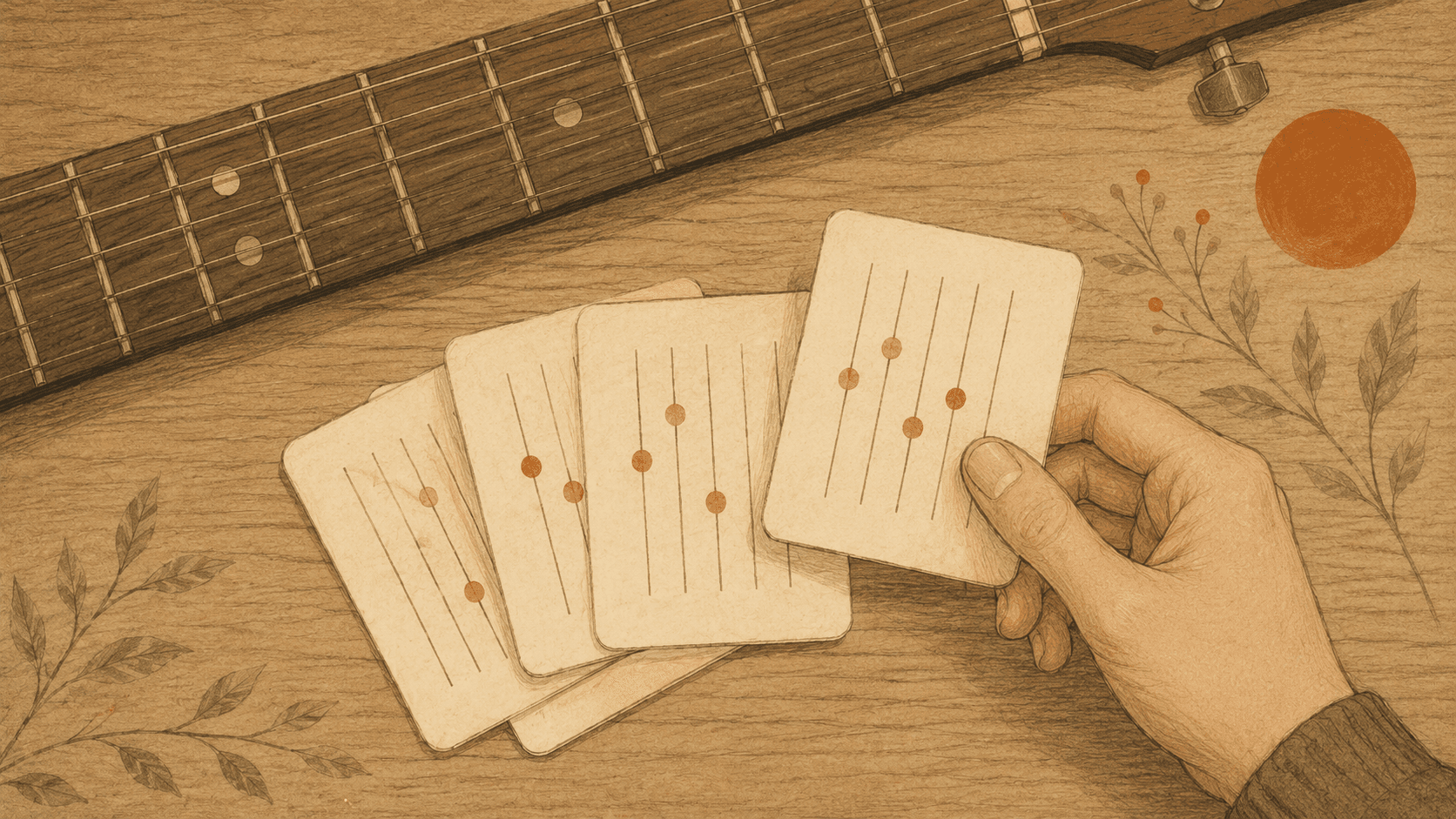 Chord cards spread on a wooden table next to a guitar, editorial illustration