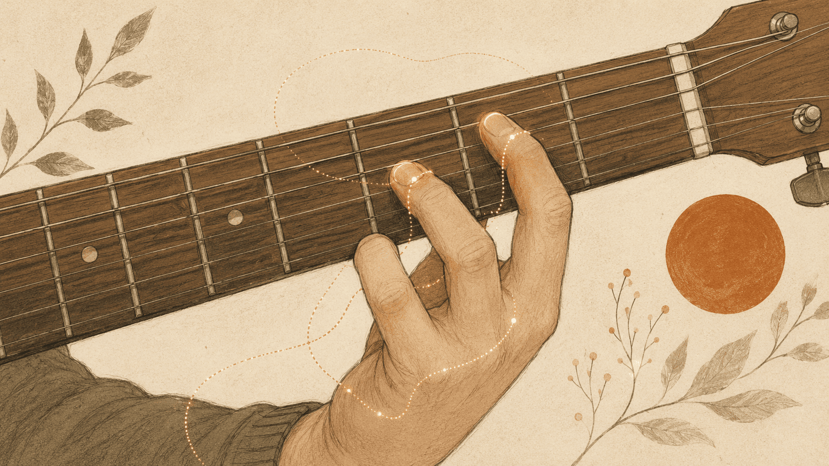 Hand on a guitar neck, fingers shaping a chord, editorial illustration