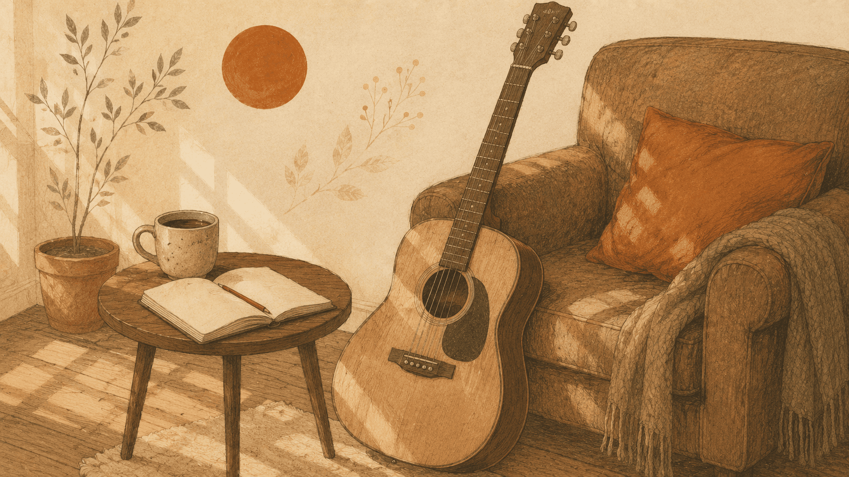 Acoustic guitar leaning against an armchair in a sunlit living room, editorial illustration