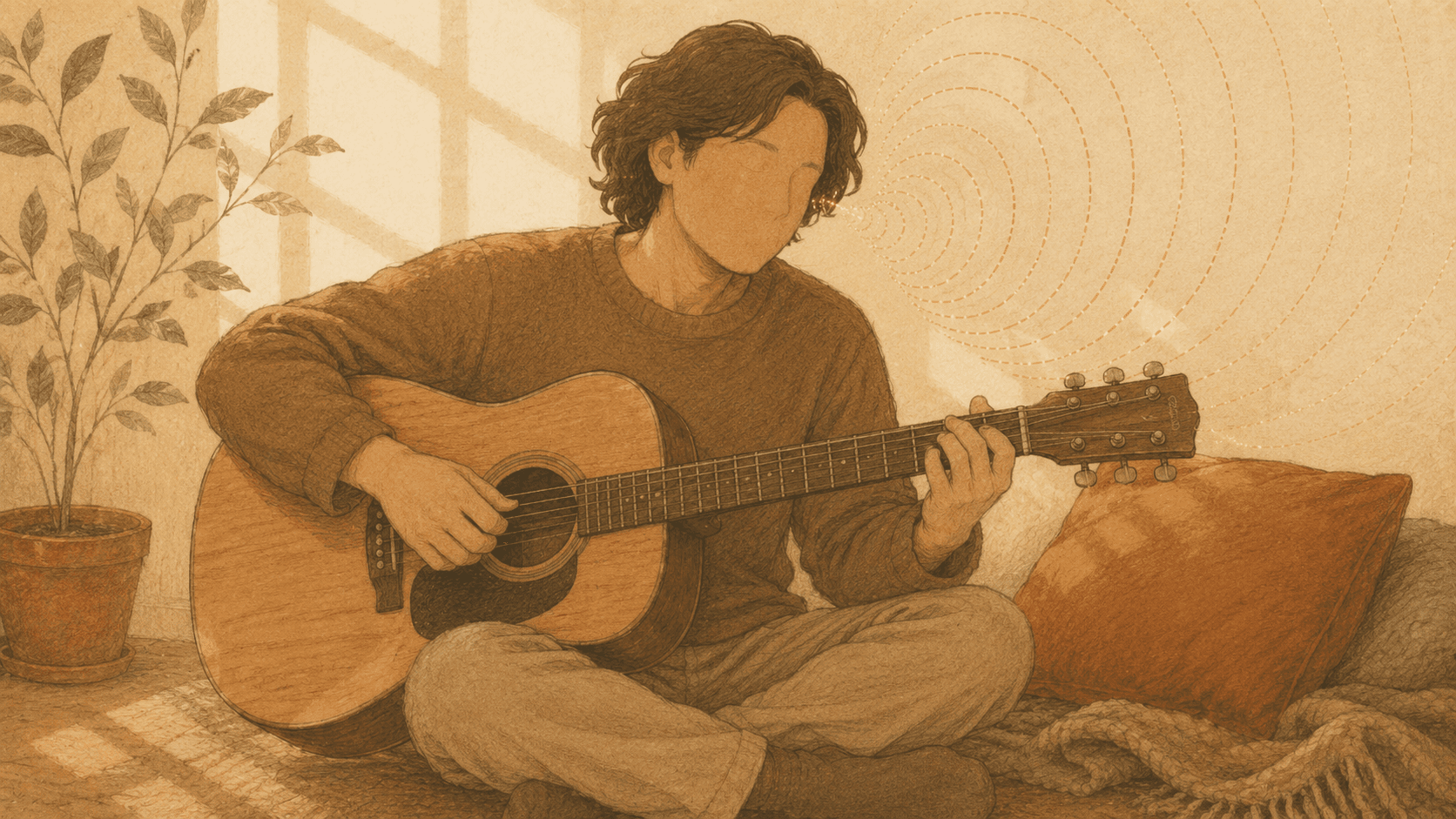 Person seated listening attentively, guitar on their lap, editorial illustration